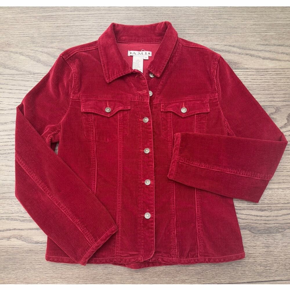 A.M.I. Red Corduroy Jacket Womens Medium Button Front Stretch